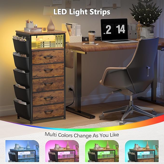 EnHomee Night Stand with 5 Drawers, Dresser with Charging Station and LED Light, Tall Nightstand with Extra Side Bag & Hooks, Bedroom, Closet, Hallway, Entryway, Rustic Brown