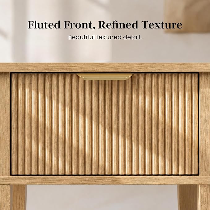 Modern Fluted Small Wood Nightstand, 11.8" Deep x 15.4" Narrow Bedside Table with Drawer & Open Shelf, Boho Scandinavian Accent End Table for Bedroom & Sofa - Oak