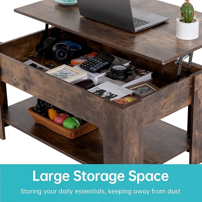 FDW Lift Top Coffee Table with Hidden Compartment and Storage Shelf Wooden Lift Tabletop for Home Living Room Reception Room Office,39.4",Brown