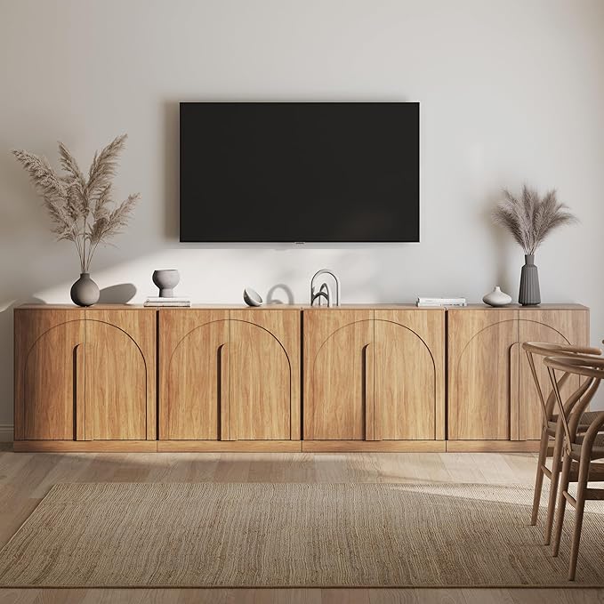 BELLEZE Bijou Set of 4 Wall-to-Wall Storage Cabinets (126" Wide) - Grand Sideboard Buffet System w/8 Arched Doors - Massive Entertainment Center & Display Console for Living Room, Office, Camel
