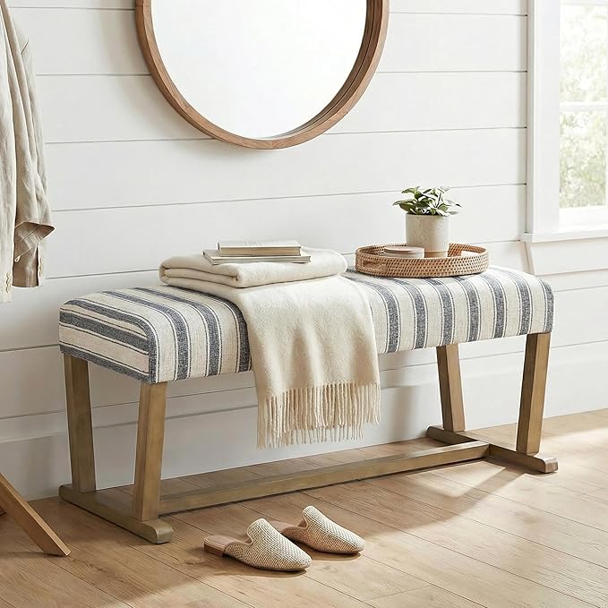 VKNOW 41" Upholstered Entryway Bench, End of Bed Bench with Cushion and Rubber Wood, Kitchen Dining Bench, Striped Bench for Dining Table, Bedroom, Living Room, Grey