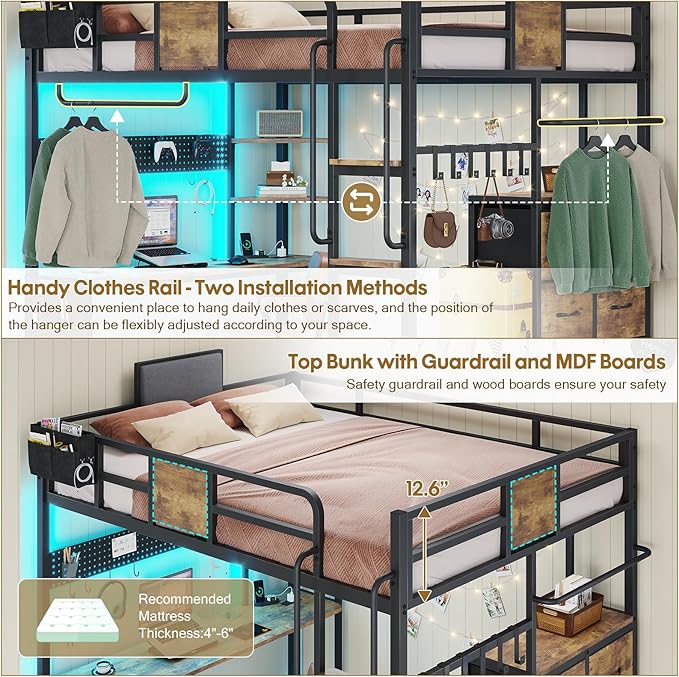 BYSAUD Loft Bed Full Size, Loft Bed with Desk, Bunk Bed with Desk, 6 Storage Drawers & 4 Open Shelves & 2 Storage Bags, LED Lights & Charging Station, Safety Guardrail, No Box Spring Needed, Brown