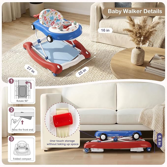 Baby Walker, 5-in-1 Baby Walker for Boys and Girls with Bouncer, Removable Footrest, Music, Foldable & Adjustable Speed Wheels Activity Walker for 6-18 Months Toddler Infant(Red Blue)