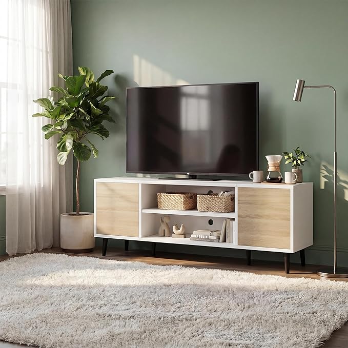JUMMICO Mid-Century Modern TV Stand for 43-55 Inch TVs, 50 Inch Media Console with Storage, Entertainment Center with Push-Open Cabinets and Cable Management for Living Room (Oak, 50 Inches)