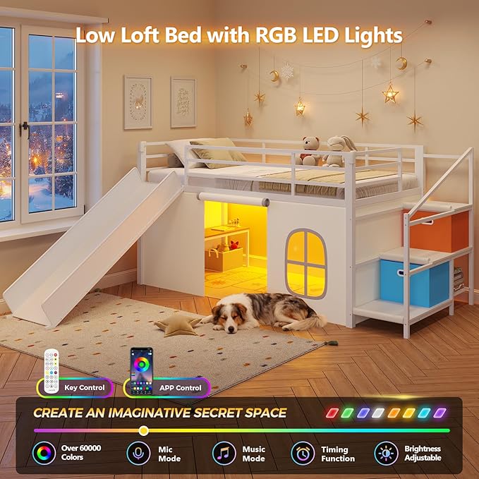 DICTAC Low Loft Bed with Slide,Storage Stairway and Led Lights Metal Twin Size Loft Bed with Under-Bed Play Space,Art Table & Play Curtain Twin Beds with 2 Drawers and 13.8''H Safety Guardrail,White