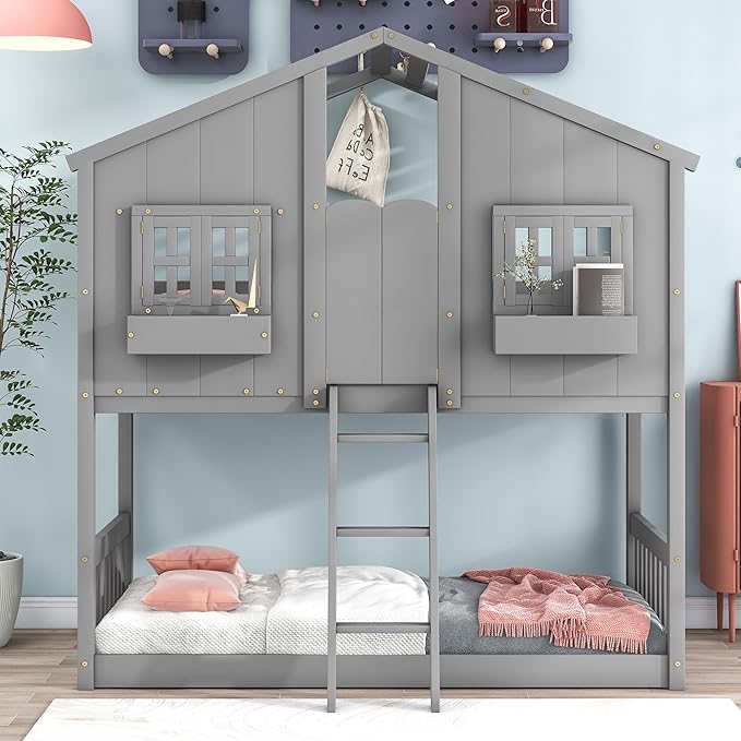 Twin Over Twin Low Bunk Bed for Kids,Wooden Floor House Bunker Bed Frame with with Window,Roof,Door,Guardrails,Ladderand and Storage Box for Girls,Boys - Gray