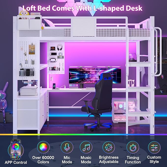 Dnxao Full Size Loft Bed with Desk and 5 Storage Drawers, Heavy Duty Metal Loft Bed with Charging Station, LED Lights & Pegboard, Space-Saving Workstation for Teens & Adults, White