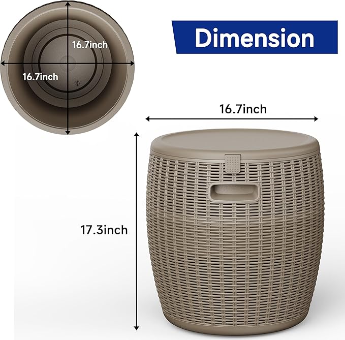 EasyUp 9.5 Gallon Outdoor Cooler Table, Wicker Round Ice Bucket for Parties, Rattan Bar Table with Top Lid Side Handles Drainage Plug, Beer Wine Cooler Side Tables for Patio, Poolside, Deck, Grey
