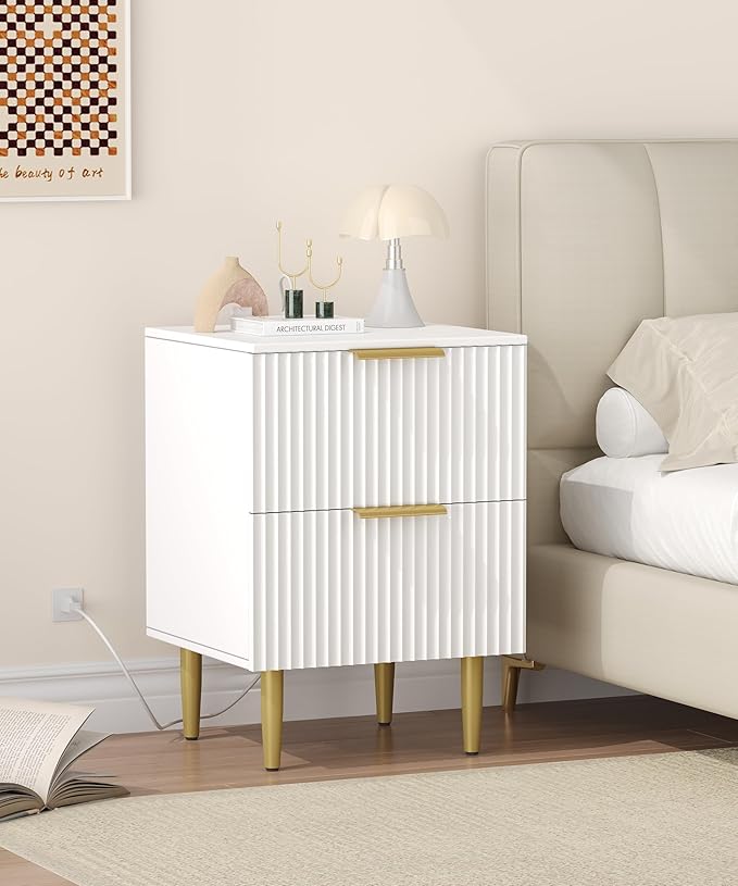 Akxomel White Nightstand Set of 2, Fluted Night Stand with Charging Station, 13.8" D x 15" W x 23.2" H, 2 Drawers Modern Bedside Table with USB Ports and Outlets, Golden Side Table for Bedroom