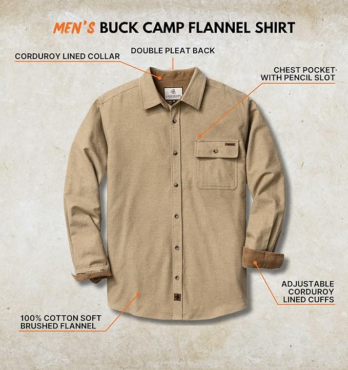 Legendary Whitetails Mens Long Sleeve Button Down 100% Cotton Flannel Shirt
