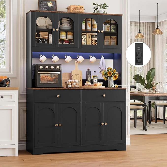 HIFIT 71" LED Kitchen Pantry Cabinet with Power Outlet, Large Kitchen Hutch Cabinet with 2 Storage Drawers & Arched Door, Countertop & Hooks, Tall China Bar for Dining Living Room (Black)