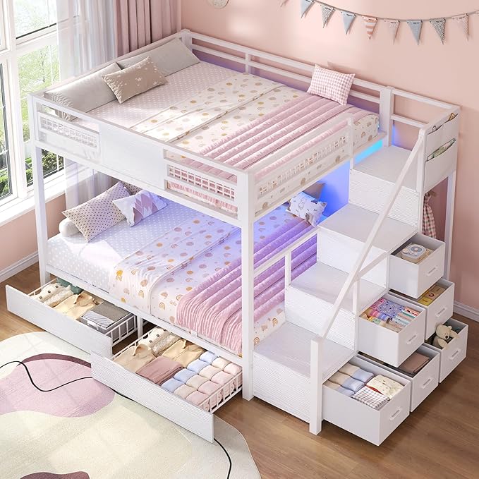 BTHFST Bunk Bed Full Over Full with Stairs, LED Lights Full Bunk Beds with 2 Storage Drawers & 6 Fabric Drawers, Metal Full Loft Beds with Safety Guardrail & Stairs, Space Saving, White