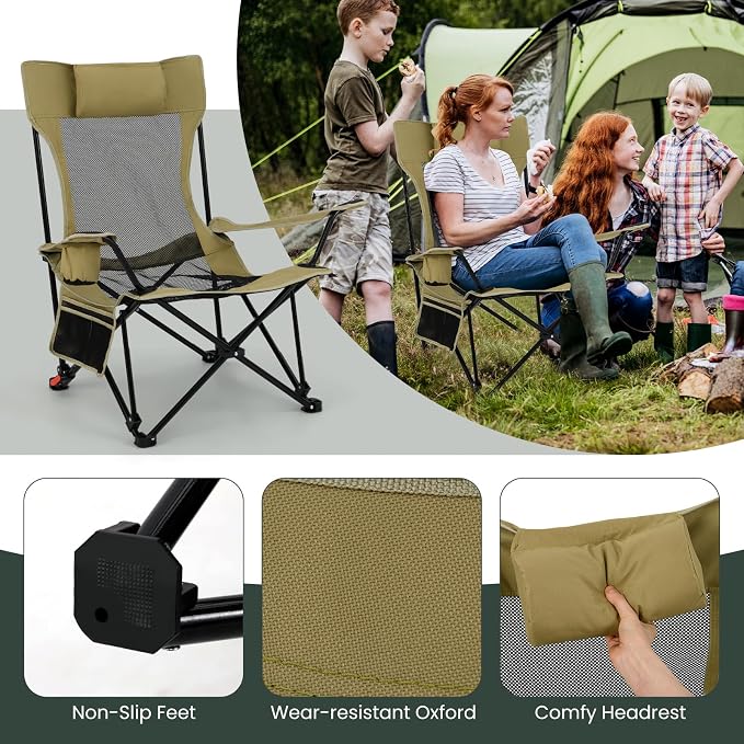 Tangkula Reclining Camping Chair, 2 in 1 Porable Folding Lawn Chair with Removable Footrest, 4-Position Adjustable Backrest, Cup Holder & Side Pocket, Carry Bag (2, Green)
