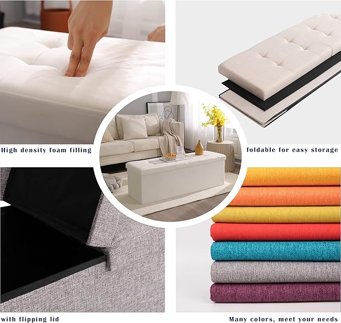 Storage Ottoman Bench Foldable Seat Footrest Shoe Bench End of Bed Storage with Flipping Lid, 75L Storage Space, 30 inches Linen Fabric Pink, OT026PK