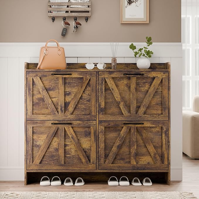 MU Shoe Storage Cabinet with 4 Flip Drawers, Freestanding Shoe Cabinet, Shoe Organizer with Wood Legs for Entryway, Slim Shoe Cabinet, Rustic