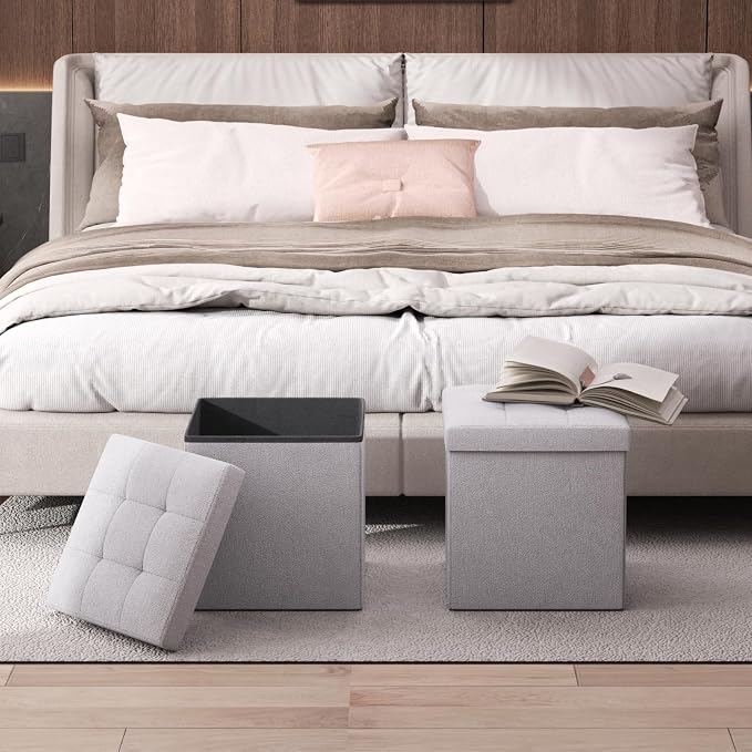 Magshion Folding Storage Ottoman Cube, 15 Inches Small Foot Rest Stool, Square Ottoman with Storage for Bedroom, Living Room, Dorm, Light Gray