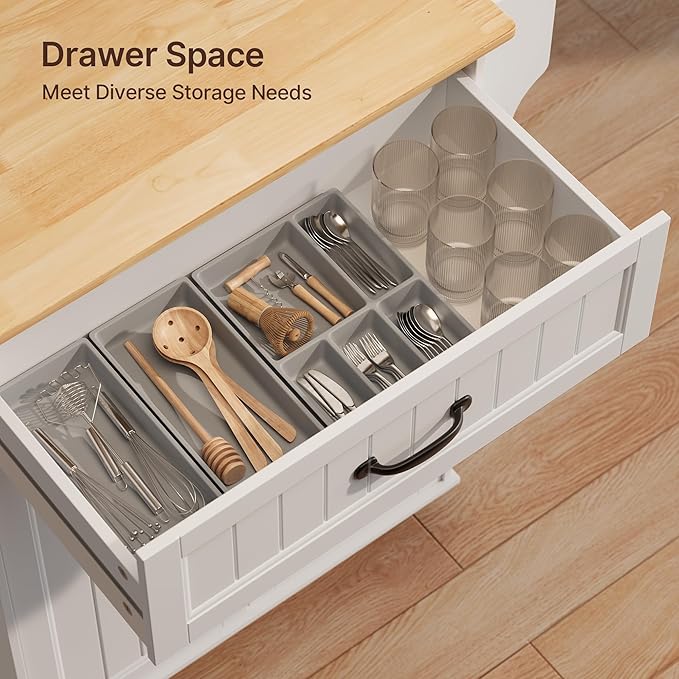 Gizoon Kitchen Island Cart with Adjustable Shelf, 33" W Mobile Trolley Cart on Metal Wheels with Drawer & Storage Cabinet, Spice Rack & Towel Rack, for Dining Room, Bar, White, Tabletop-Oak Color