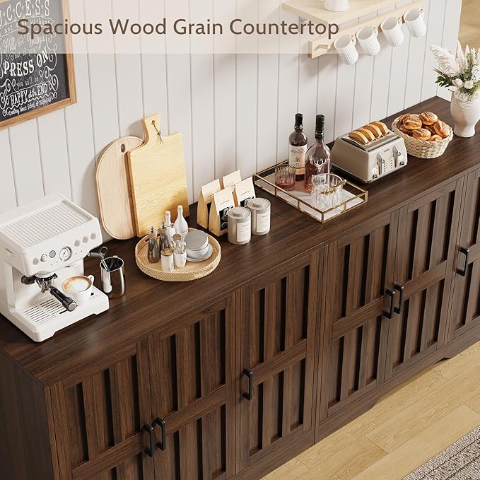 Modern Farmhouse Buffet Cabinet with Storage, 85" Large Sideboard Storage Cabinet with 6 Barn Doors, Coffee Liquor Bar Cabinet Wood Table Credenza with Adjustable Shelf for Kitchen Dining Living Room