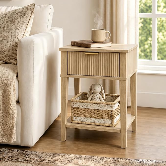 Modern Fluted Small Wood Nightstand, 11.8" Deep x 15.4" Narrow Bedside Table with Drawer & Open Shelf, Boho Scandinavian Accent End Table for Bedroom & Sofa - Oak