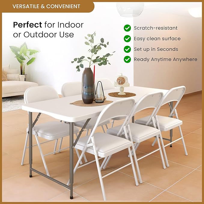 5.5 Feet ADJUSTABLE Foldable Table with Built in Handle & Steel Legs | 5.5FT Heavy Duty Folding Portable | Perfect for Party, Dining, Wedding, Events, Picnic Indoor, Outdoor, Camping, Utility, Folding