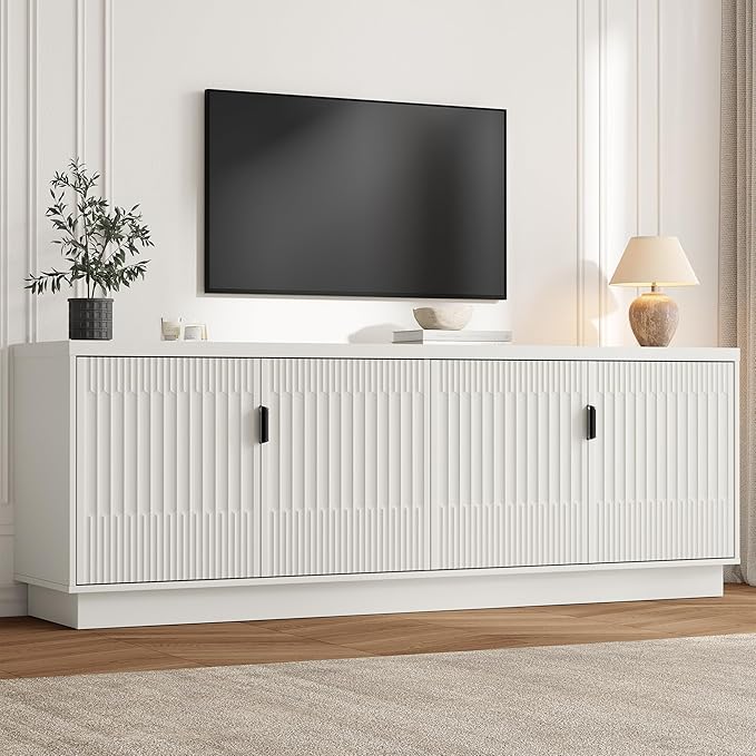 Fatmok Fluted TV Stand for up to 75" TVs, 68" Entertainment Center with 4 Doors, Modern Media Console with Adjustable Shelves & Storage Cabinets, White