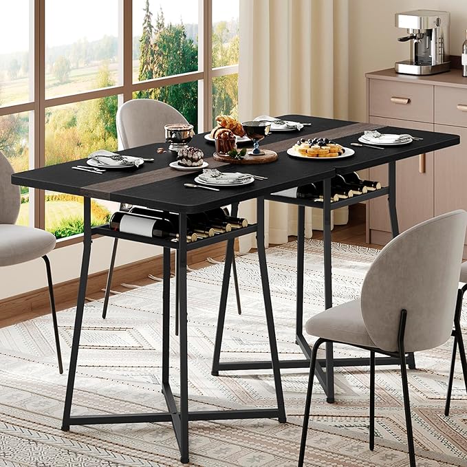 YATINEY Dining Table, 29.5'' Kitchen Table, Dining Room Table with Wine Rack, Versatile Small Dining Table, Easy Assembly, for Restaurant, Cafe, Apartment, Black and Gray CZ02BB