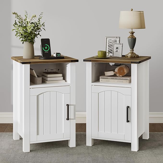 Decofy Farmhouse Nightstand with Charging Station, Set of 2, Wood Bedside Table with Storage & Open Compartment, Side End Table for Bedroom, Rustic White and Brown
