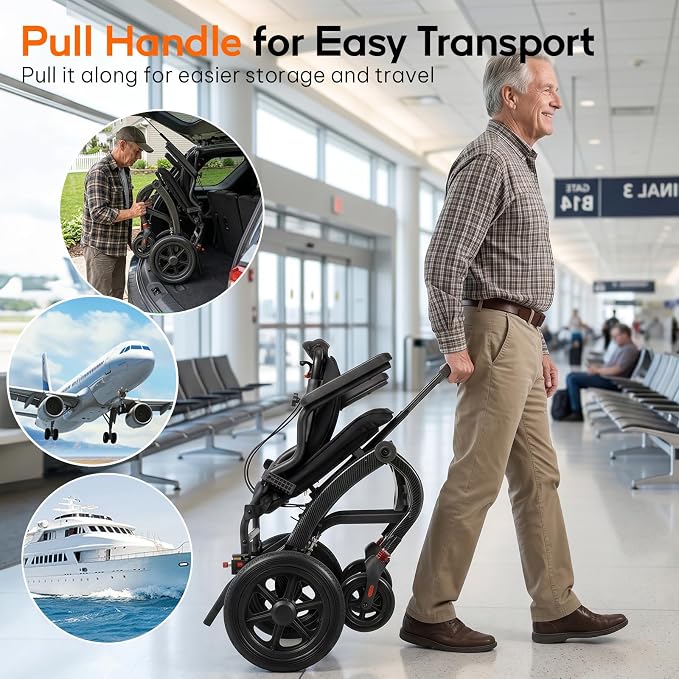 SOFTFISH Transport Wheelchair with Ergonomic Design & Pull Rod, Wheelchairs for Adults with Adjustable Push Handles & Footrests, 12” Rear Wheels, Flip-Back Armrests, Carbon Fiber Aluminum Frame