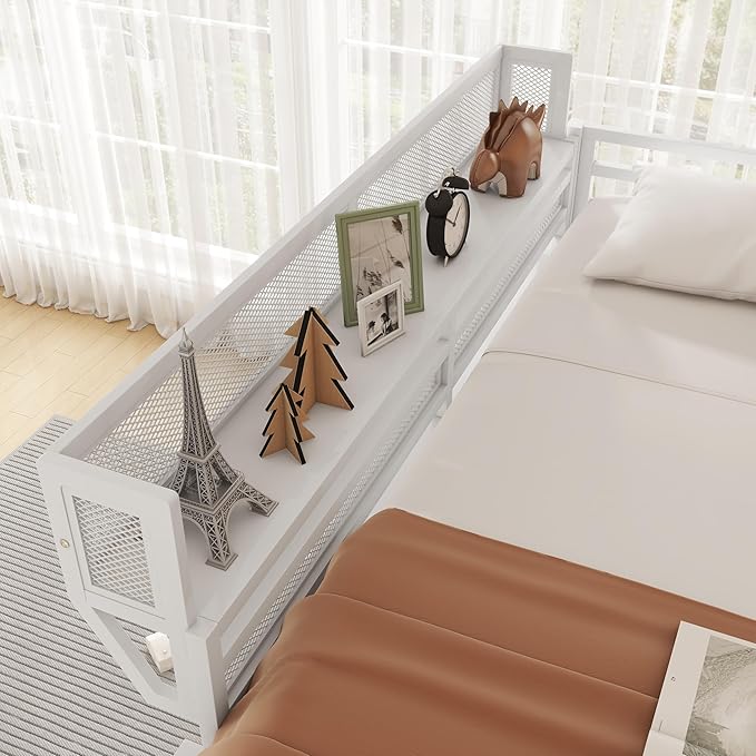 KEIKI Full Size Metal Loft Bed Frame with Ladder and Built-in Storage Shelves, for Teens, Modern Style Loft Bed with Solid Slats, Guardrail, No Box Spring Required, Easy Assembly, for Bedroom, White
