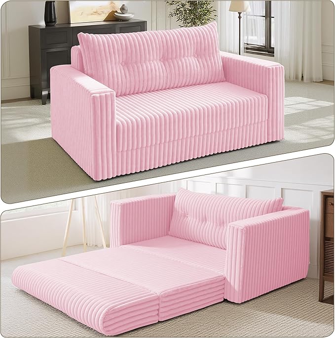 HABUTWAY 41.3" Loveseat Boneless Couch, 4-in-1 Convertible Sofa Bed, Plush Fur Folding Futon Sofa Bed Couches with a Pillow for Living Room, High-Density Foam Support, No Assembly Required, Pink