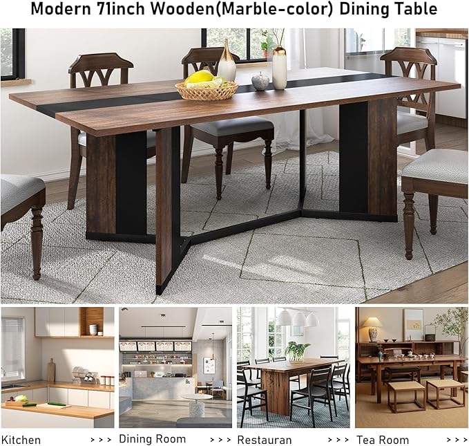 Hlivelood 70Inch Large Dining Table for 4 6 People,Wooden Rectangular Kitchen Table W/Waterproof Tabletop,Large Rectangle Furniture W/Adjustable Legs,Brown Dinner Table for Kitchen Dining Room(71IN)