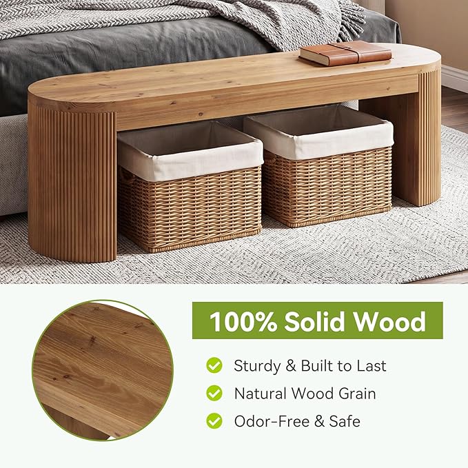 LITTLE TREE 55” Solid Wood Entryway Bench, Farmhouse Dining Bench with Fluted Legs & Half Round Curved Sides, Long Shoe Bench with Storage, Wooden End of Bed Bench for Bedroom, Dining Room