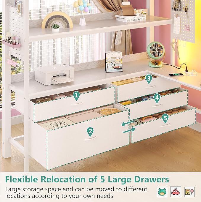 BYSAUD Loft Bed with Desk, Full Size loft Bed, Loft Beds Full Size with Stairs&5 Fabric Storage Drawers,Charging Station&LED Lights,Removable Guard Ladder, Noise Free, No Box Spring Needed (White)