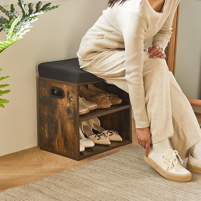 YMYNY Shoe Storage Bench with Cushion, 2 Tier Shoe Rack with Padded Seat, Adjustable Shoe Organizer Cabinet for Entryway, Living Room, Hallway, Closet, 15.4L*11W*16.54H, Rustic Brown, UHBD028H