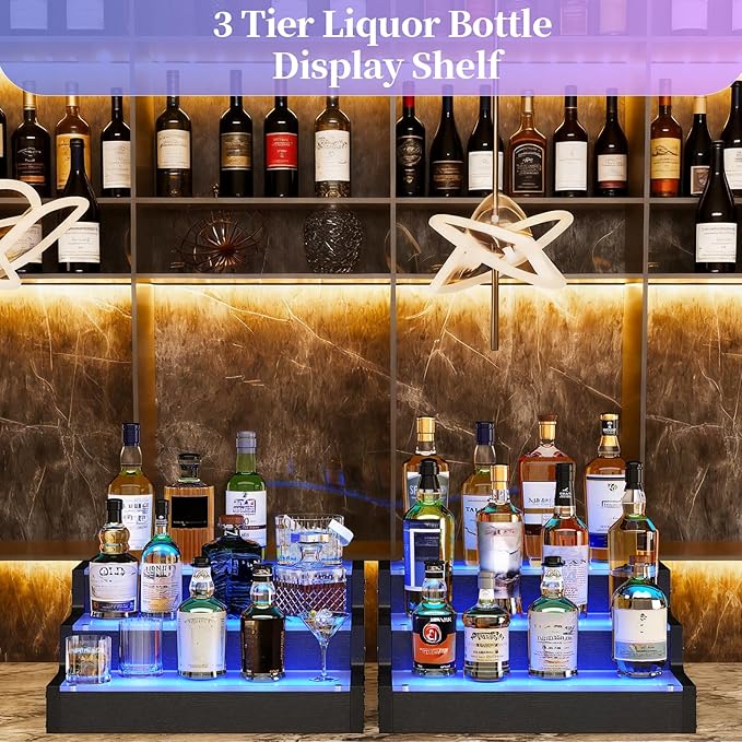 LED Lighted Wine Bottle Display Shelf, 3-Tier Acrylic Liquor Bottle Stand with APP Controlled Multicolor Lighting, Countertop Bar Organizer for Home Mini Bar Party Decor (3 Step 2 Pack)