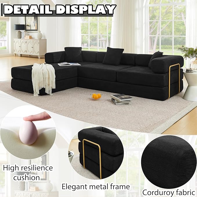 HANXIN 108" Modular Sectional Sofa,Futon Convertible Sofa Bed,Oversized Corduroy Boneless Couch for Living Room,Floor Loveseat Sleeper with Pull Out Bed,Free Combination,No Assembly Required (Black)