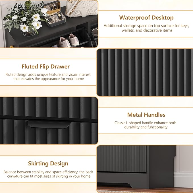 HUANLEGO Shoe Cabinet Storage for Entryway with 4 Flip Drawers, Black Fluted Shoe Cabinet with Adjustable Shelves, Wooden Hidden Shoe Rack Freestanding Narrow Slim Shoes Storage for Hallway, Entrance