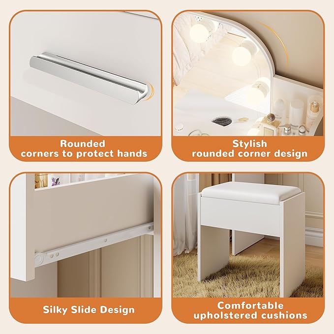 wanan Makeup Vanity with Chair, Small Vanity Desk with Mirror and Lights 3 Colors, Girls Vanity Set with Power Outlet, Compact Vanity Table for Small Space, White