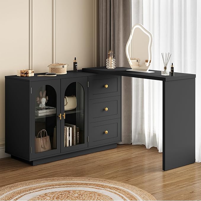 RoyalCraft 83" Makeup Vanity Desk, Black Vanity Dresser, L Shaped Corner Vanity Table with 3 Drawer & 2 Door, Modern Extendable Dressing Table for Bedroom, Dressing Room, Small Space (Without Mirror)