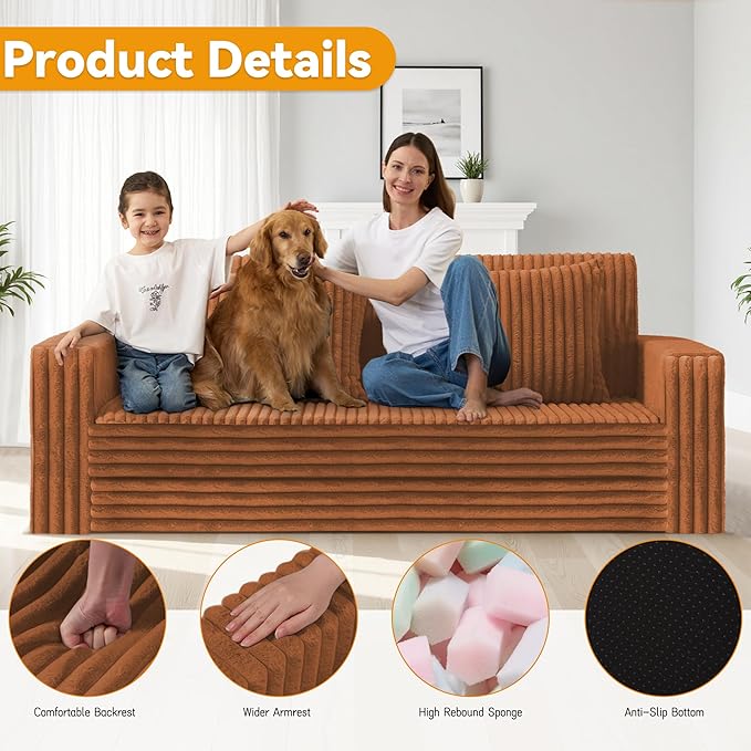 HABUTWAY 68" Loveseat Boneless Couch, 4-in-1 Convertible Sofa Bed, Plush Fur Folding Futon Sofa Bed Couches with 2 Pillows for Living Room, High-Density Foam Support, No Assembly Required, Orange