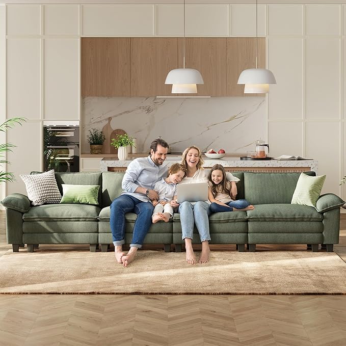LINSY HOME 157" Modular Sectional Sofa, 4-Seat Corduroy Modern Cloud Couch with Deep Seat, Perfect for Living Room, Office, Bedroom, Green