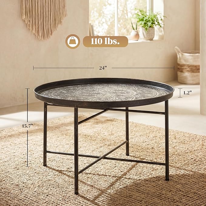HOMCOM 24" Round Coffee Table with Hammered Tray Top, Vintage Metal Center Table for Living Room, Bedroom, Side Table, Pewter
