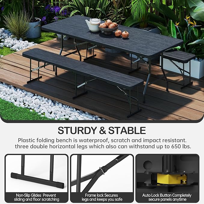 VSOAEIL 6 Foot Folding Bench, Portable Plastic Folding Bench Seat, Foldable Seat for Indoor Outdoor Picnic Camping Dining, Soccer Garden Multipurpose Entertaining Activities, Black