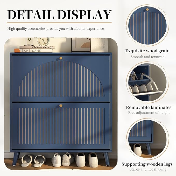 Fsbecl Shoe Storage Cabinet for Entryway with 2 Flip Drawers, Narrow Wood Shoe Cabinet with Fluted Panel, Freestanding Hidden Shoe Organizer for Foyer, Hallway (Blue - with Shelf)