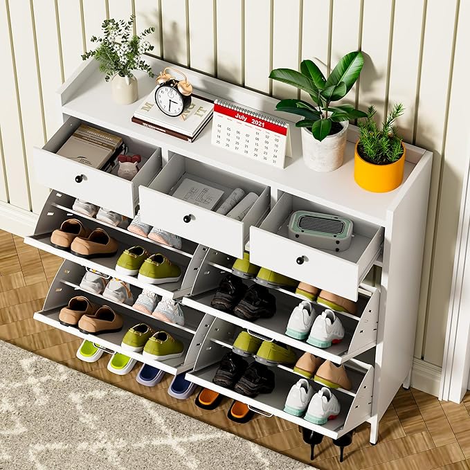 Metal Shoe Storage Cabinet for Entryway,White Shoe Cabinet with 4 Flip Drawers & 3 Top Drawers Hidden Slim Shoe Organizer Rack Freestanding Steel Entrance Shoe Cabinet with Legs for Hallway Front Door