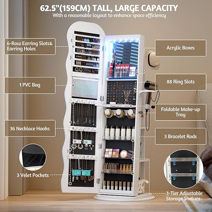 Vlsrka 360° Swivel Jewelry Aromire with Wavy Mirror, Lockable Jewelry Organizer Mirror Full Length, Rotatable Standing Mirror with Storage, Jewelry Cabinet, Interior Mirror, Flodable Shelf, White