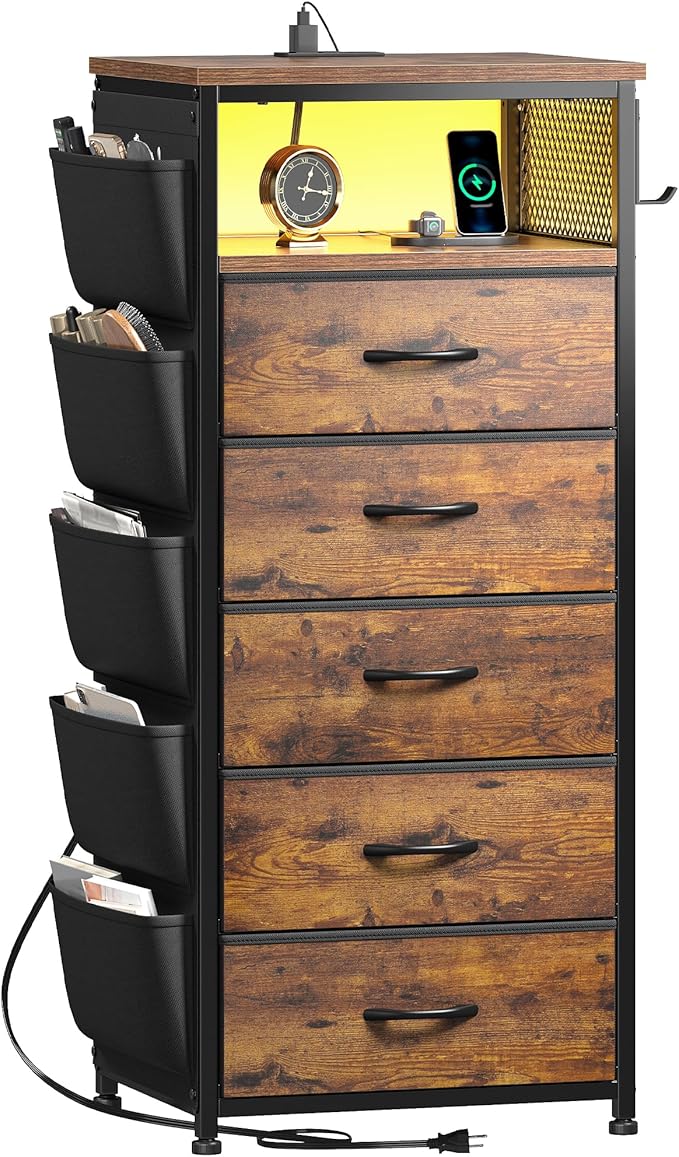 EnHomee Night Stand with 5 Drawers, Dresser with Charging Station and LED Light, Tall Nightstand with Extra Side Bag & Hooks, Bedroom, Closet, Hallway, Entryway, Rustic Brown
