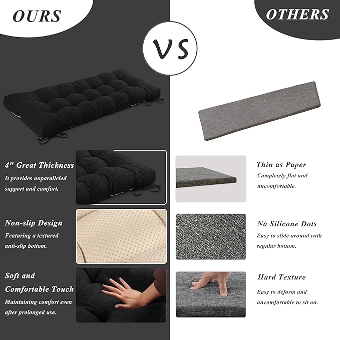 Bench Cushion for Indoor Furniture 48x19 inch Rectangle Bench Seat Cushion for Bay Window Entryway Bench Thick Textured Chair Cushion with Non-Slip Backing 1 Pack, Black