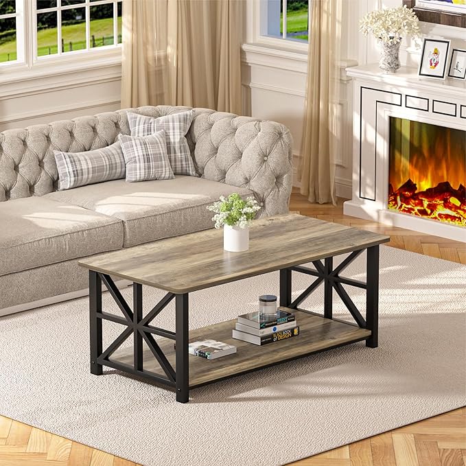 GreenForest Coffee Table for Living Room with Round Corners Farmhouse Style Center Table with Storage Shelf 39 Inch Space Saving Easy Assembly Gray Wash | for Living Room