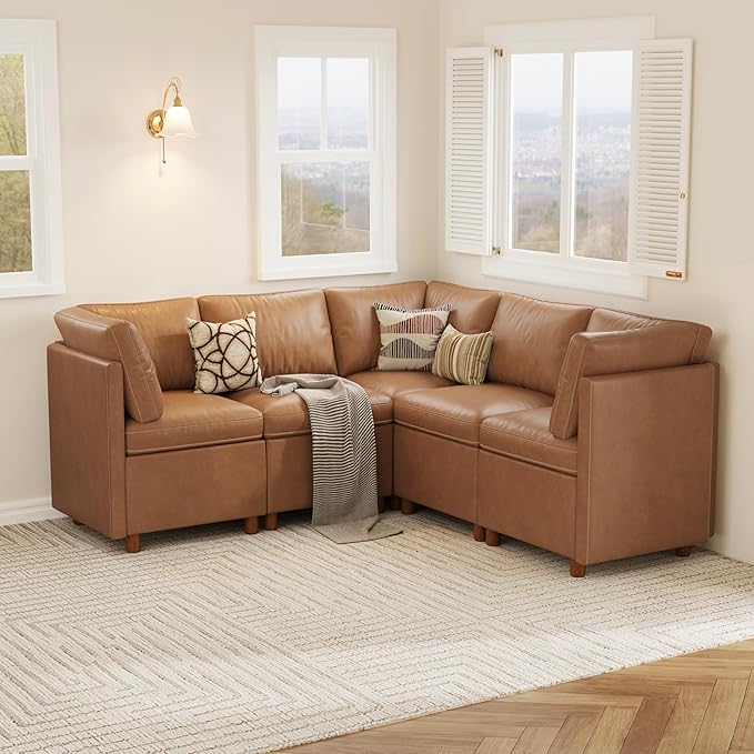 SITJOY Breakfast Nook Bench with Storage, Modular Corner Kitchen Banquette Seating, Dining Settee Couch, Upholstered Dining Bench with Back, Pet-Friendly Faux Leather in Brown, 5-Seat L Shaped Booth